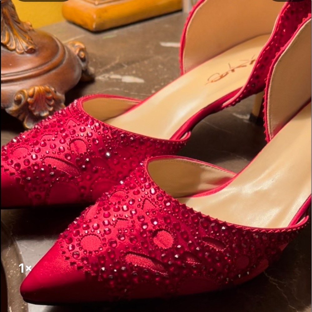 Beautiful Red satin kitten heels with Ruby stones.